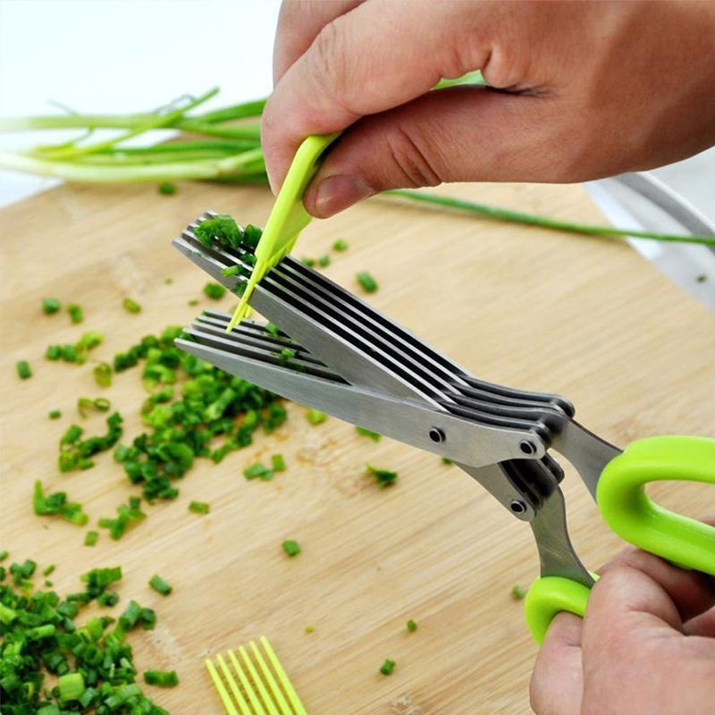 Multilayer Spring Onion Scissors 5 Blade Kitchen Salad Scissors with Safe Cover