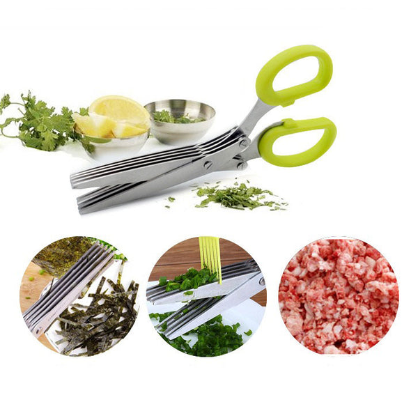 Multilayer Spring Onion Scissors 5 Blade Kitchen Salad Scissors with Safe Cover