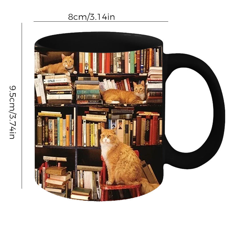 Bookself Ceramic Coffee Mug - Gift for Cat Book Lover