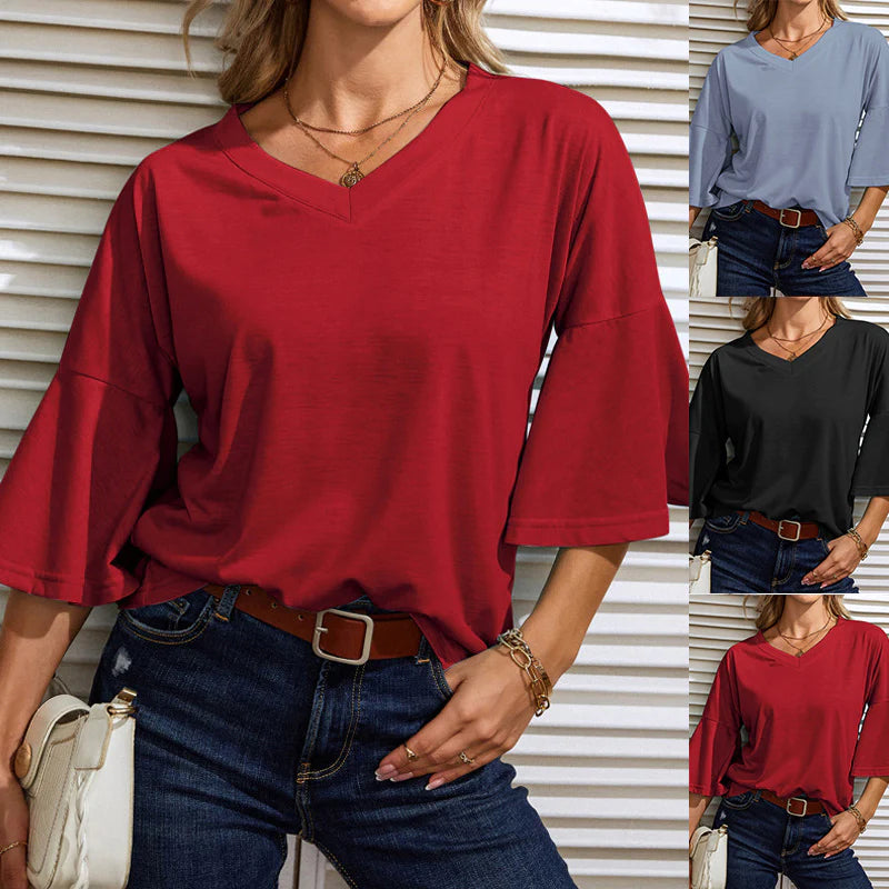 Women's Solid Color V-Neck Flare Sleeve T-Shirt