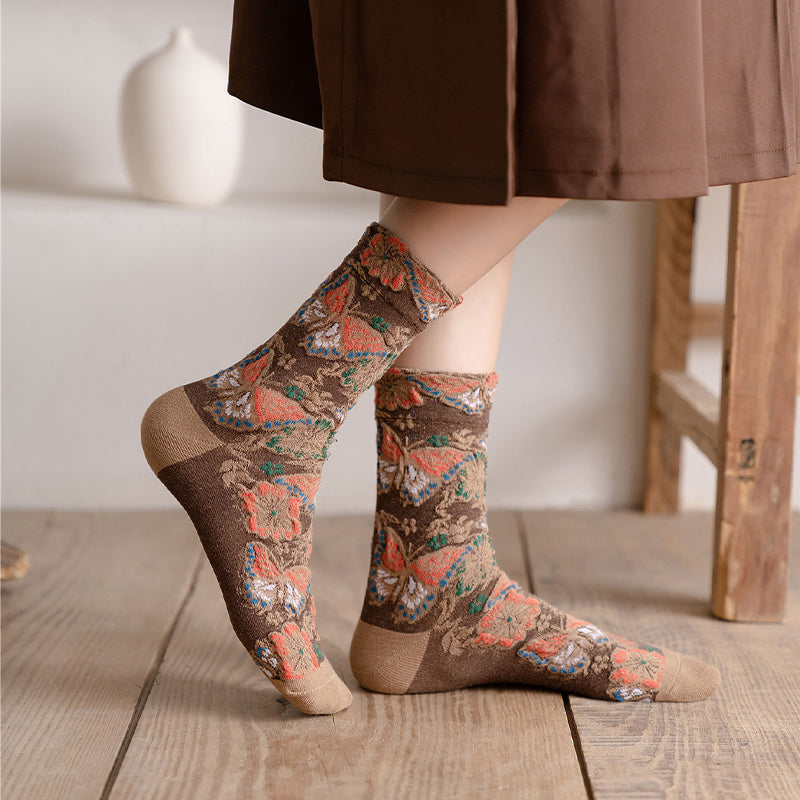 5 Pairs Women's Vintage Embossed Floral Mid-calf Socks