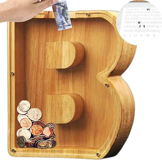 Alphabet A-Z Letter Wooden Piggy Bank Coin Box for Kids Adult Gift