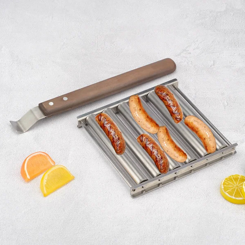 BBQ Hot Dog Roller Stainless Steel Sausage Griller with Wooden Handle