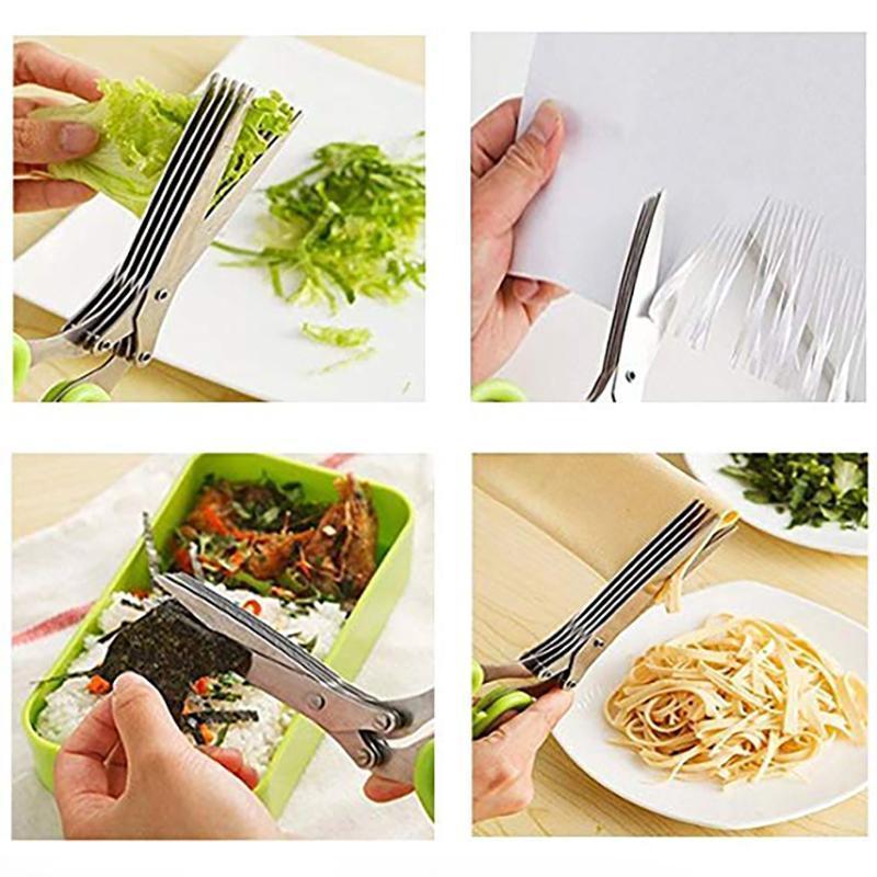 Multilayer Spring Onion Scissors 5 Blade Kitchen Salad Scissors with Safe Cover