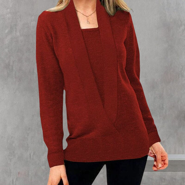 Women's V Neck Long Sleeve Knit Sweater Solid Color Pullover