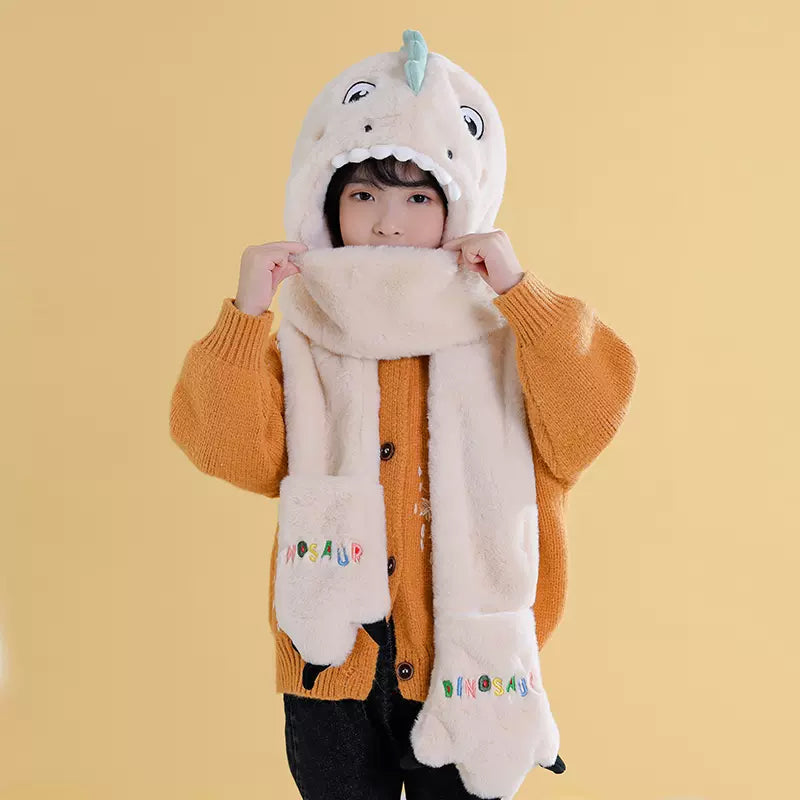 Toddler Kids Cartoon Dinosaur Fleece Plush Hat Gloves Scarf 3 in 1 Set