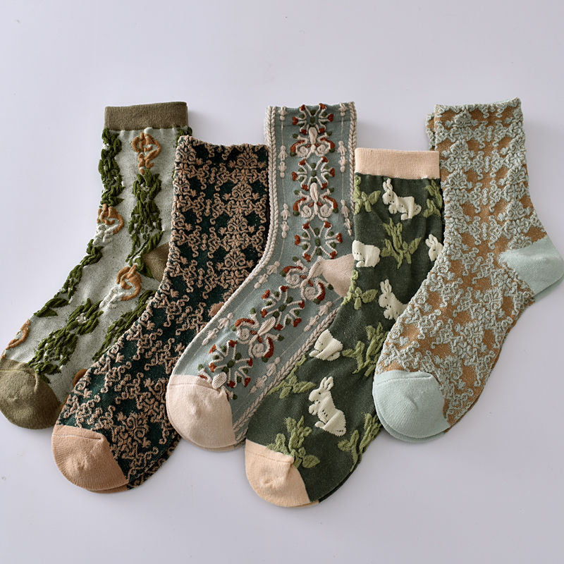5 Pairs Women's Vintage Floral Cotton Socks