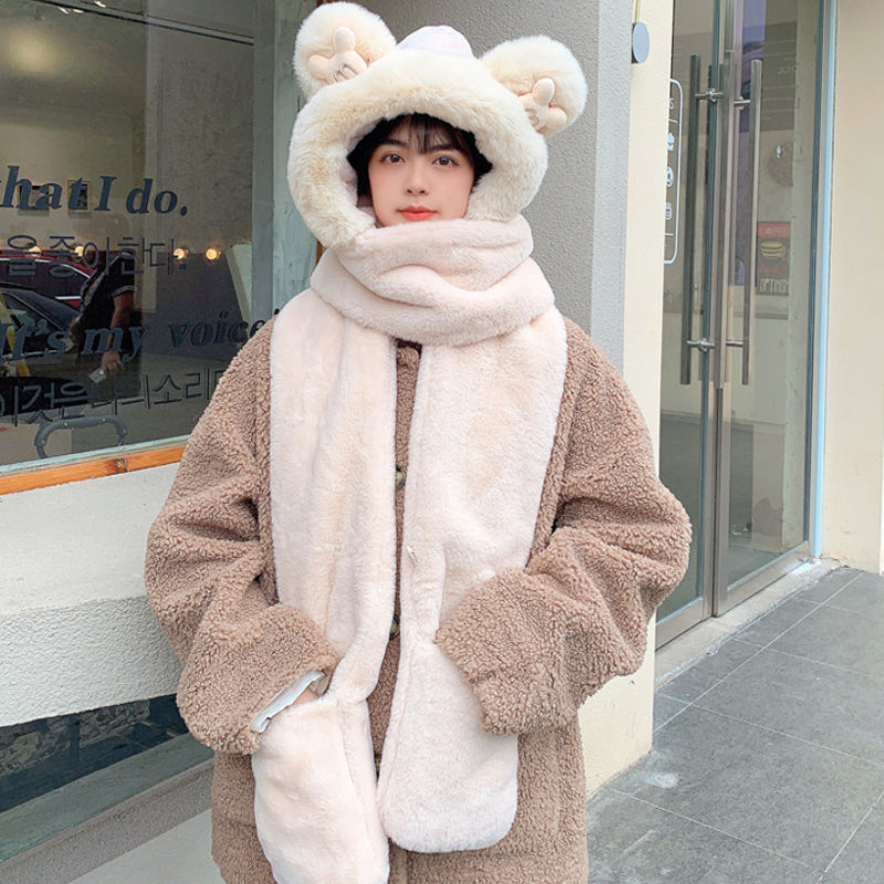 Warm Bear Hoodie Hat/Scarf/Gloves Set for Women