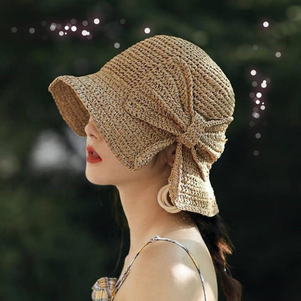 Straw Cloche Hat With Bow, Wide Brim Floppy Summer Sun Hat for Women