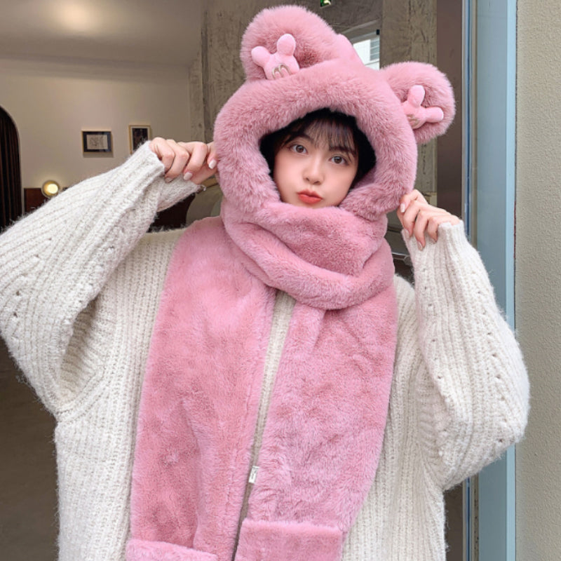 Warm Bear Hoodie Hat/Scarf/Gloves Set for Women