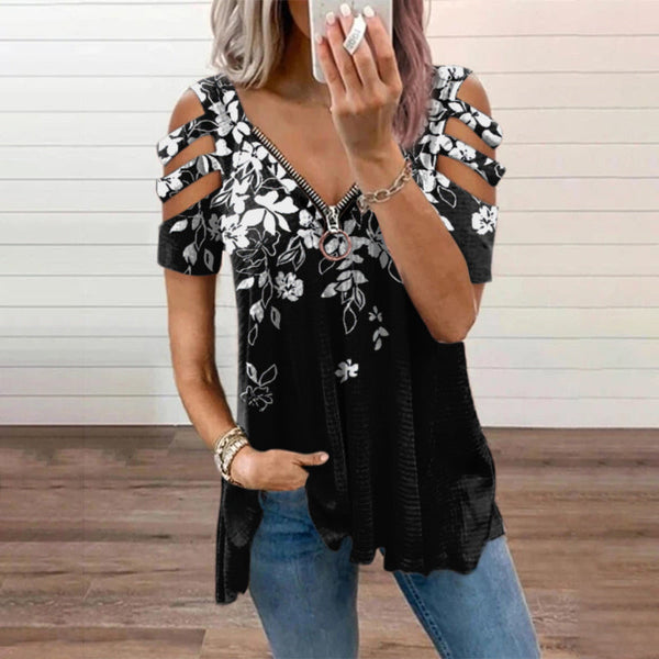 Printed V-Neck Zip T-Shirt