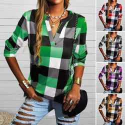 Women's Elegant Long Sleeve Shirt Casual Collar V-Neck Checked Blouse Top