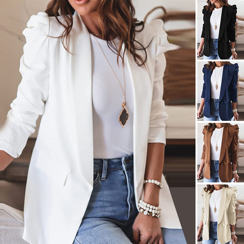 Women's Casual Lapel Blazer Puff Sleeve Open Front Work Blazer Suit