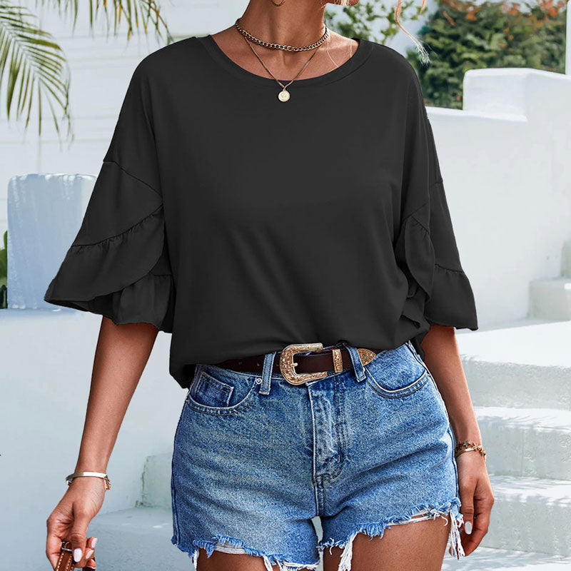 Women's Ruffled Half Sleeve Top Solid Color Crew Neck T-shirt