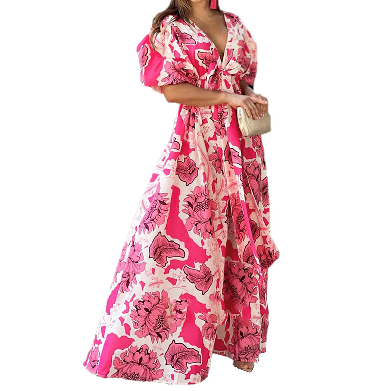 Women's Casual Modern Floral Print Dress V Neck Swing Maxi Dress