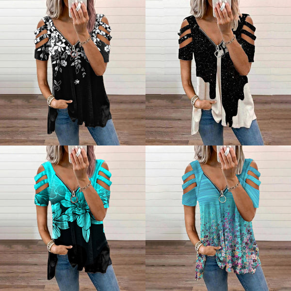 Printed V-Neck Zip T-Shirt