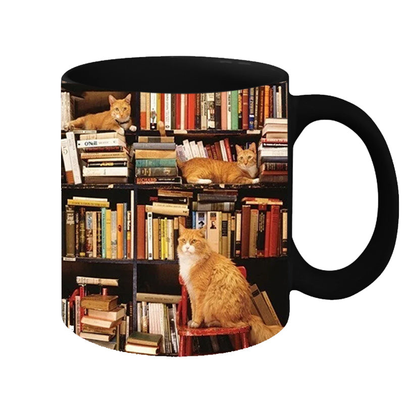 Bookself Ceramic Coffee Mug - Gift for Cat Book Lover