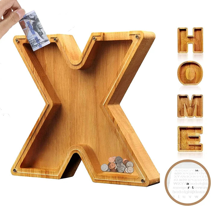 Alphabet A-Z Letter Wooden Piggy Bank Coin Box for Kids Adult Gift