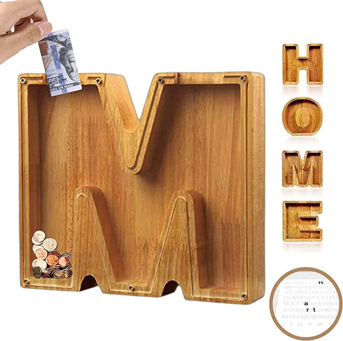 Alphabet A-Z Letter Wooden Piggy Bank Coin Box for Kids Adult Gift