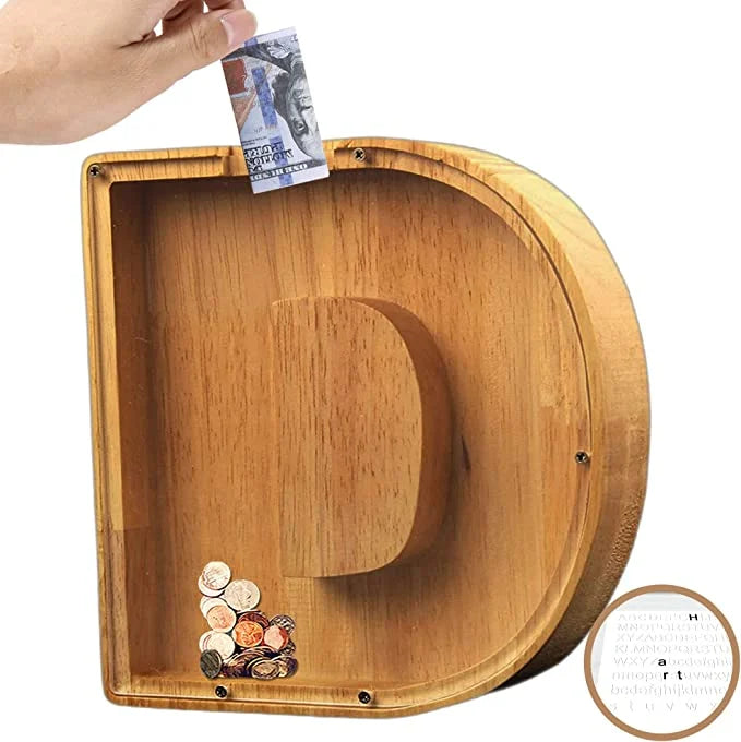 Alphabet A-Z Letter Wooden Piggy Bank Coin Box for Kids Adult Gift