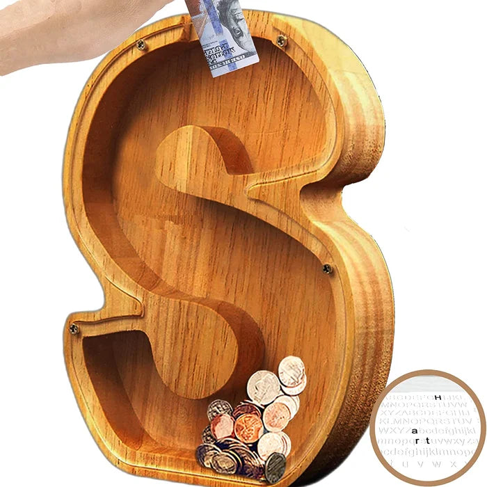 Alphabet A-Z Letter Wooden Piggy Bank Coin Box for Kids Adult Gift