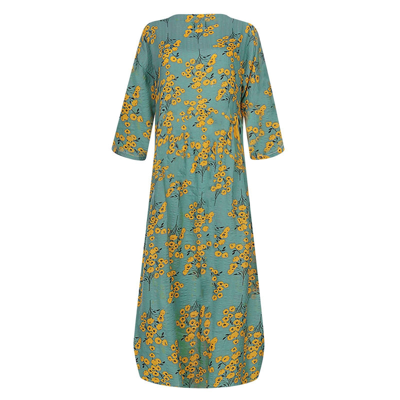 Women’s Loose Retro Round Neck Print Dress with Three-Quarter Sleeve