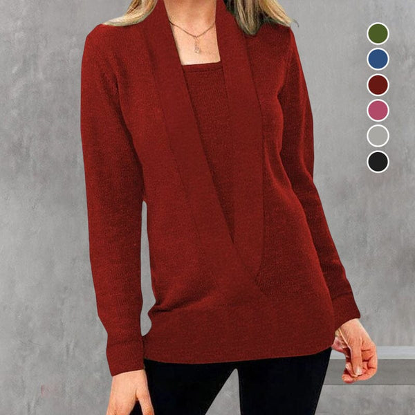 Women's V Neck Long Sleeve Knit Sweater Solid Color Pullover