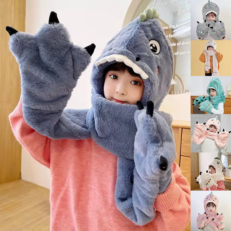 Toddler Kids Cartoon Dinosaur Fleece Plush Hat Gloves Scarf 3 in 1 Set